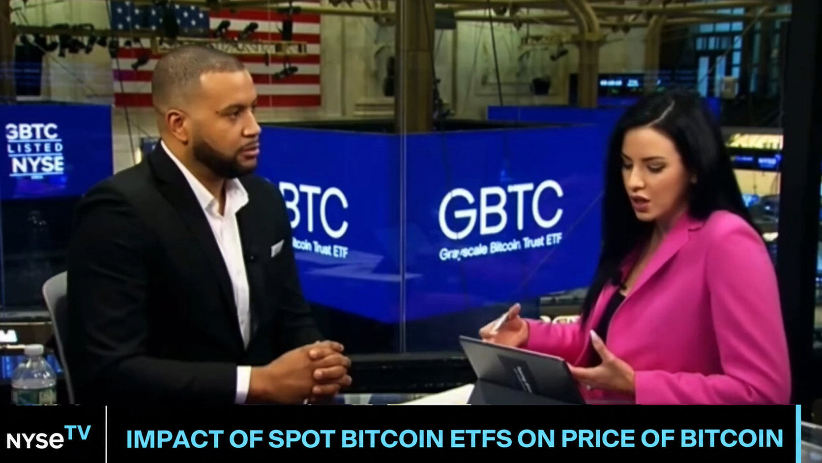 Armando Pantoja on NYSE TV at the New York Stock Exchange, discussing spot Bitcoin ETFs