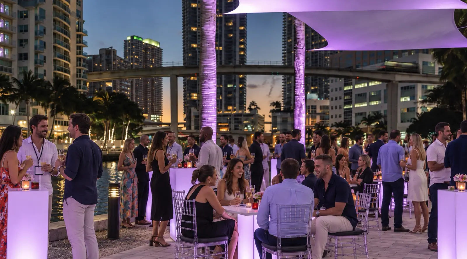 Crypto conference Miami venue: guests at an evening reception on the riverwalk at the Hyatt Regency Miami, on the Miami River