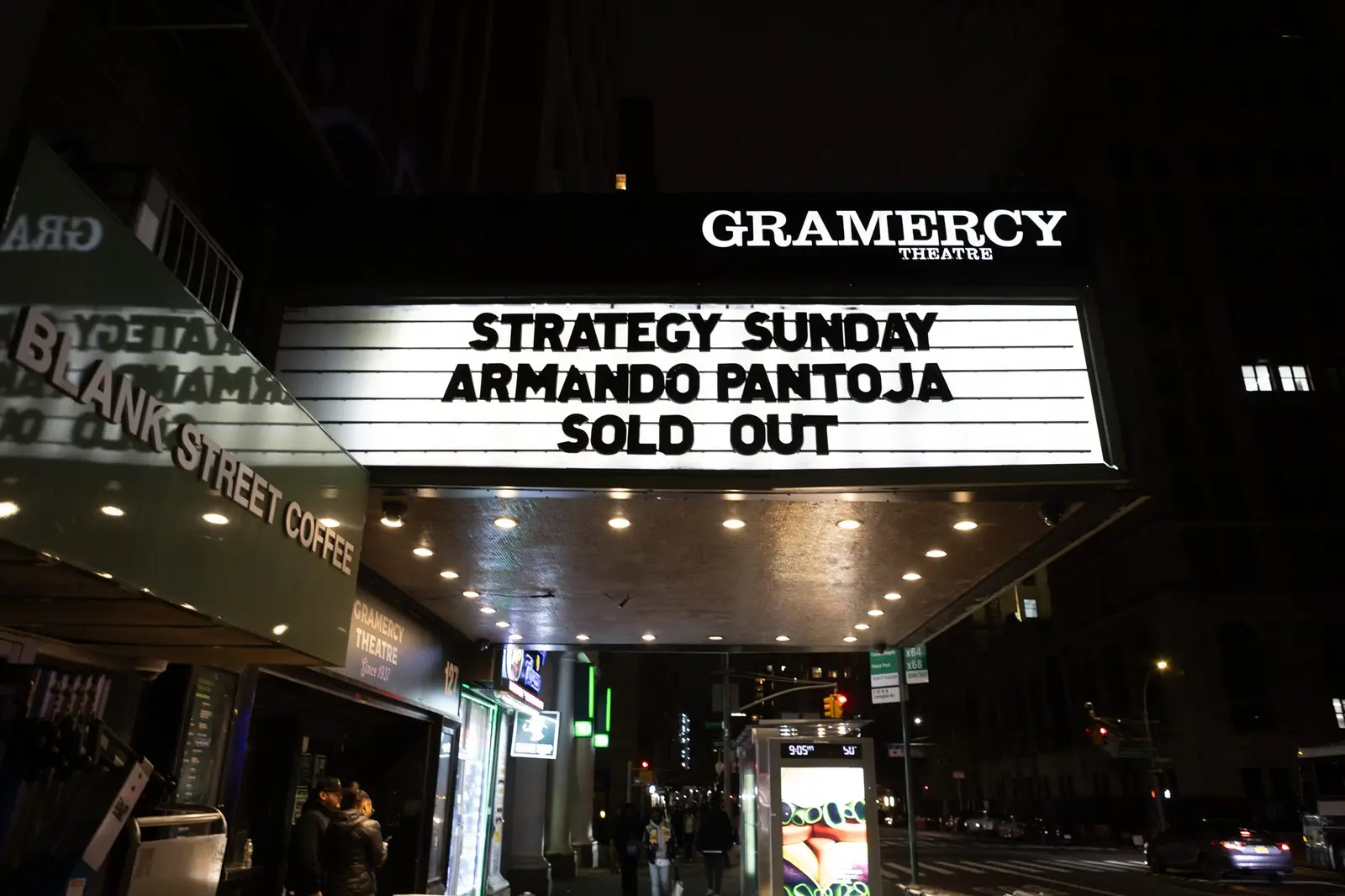 The Gramercy Theatre marquee reading Strategy Sunday, Armando Pantoja, Sold Out, at a previous event